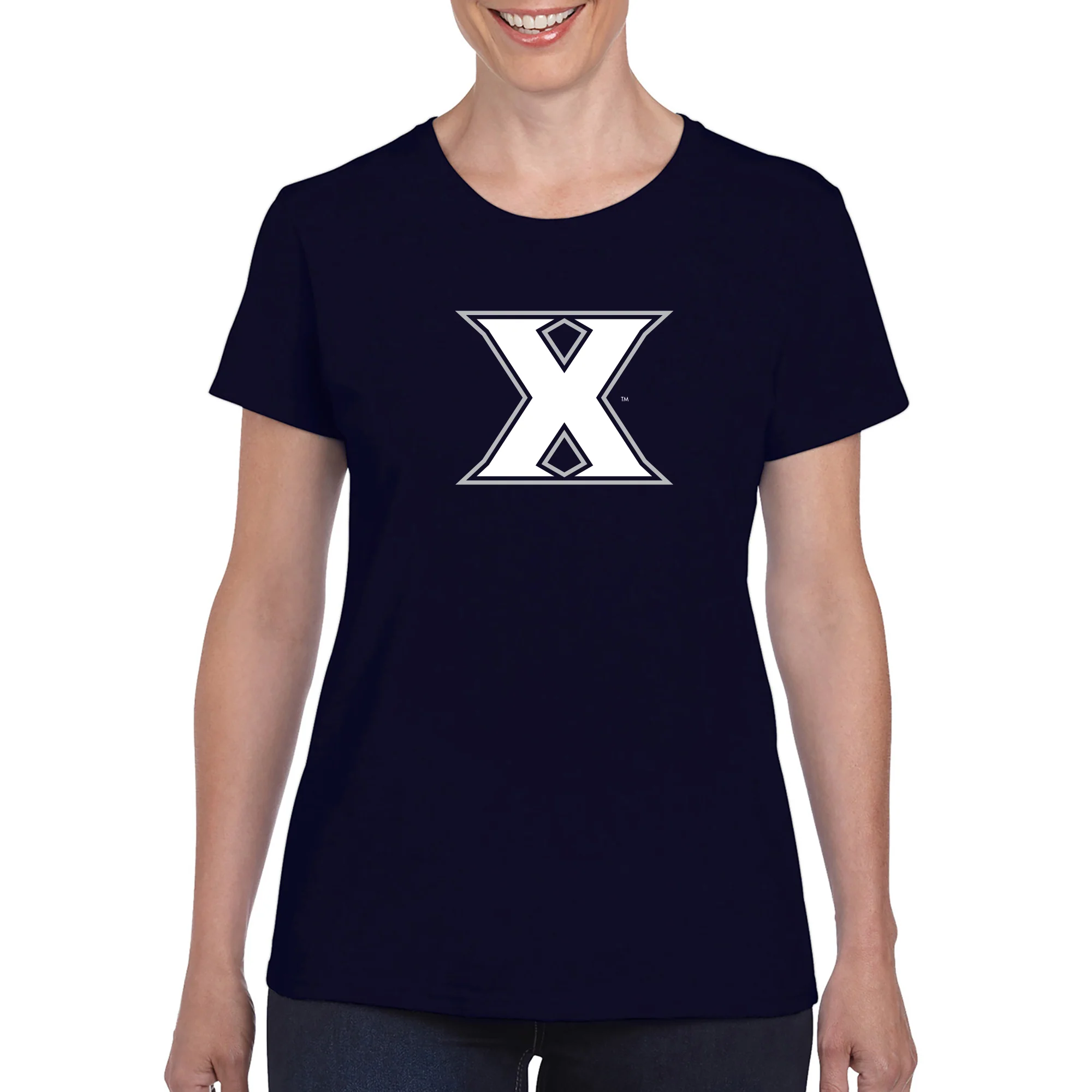 Xavier University Musketeers Primary Logo Short Sleeve Womens T Shirt - Navy - Image 3