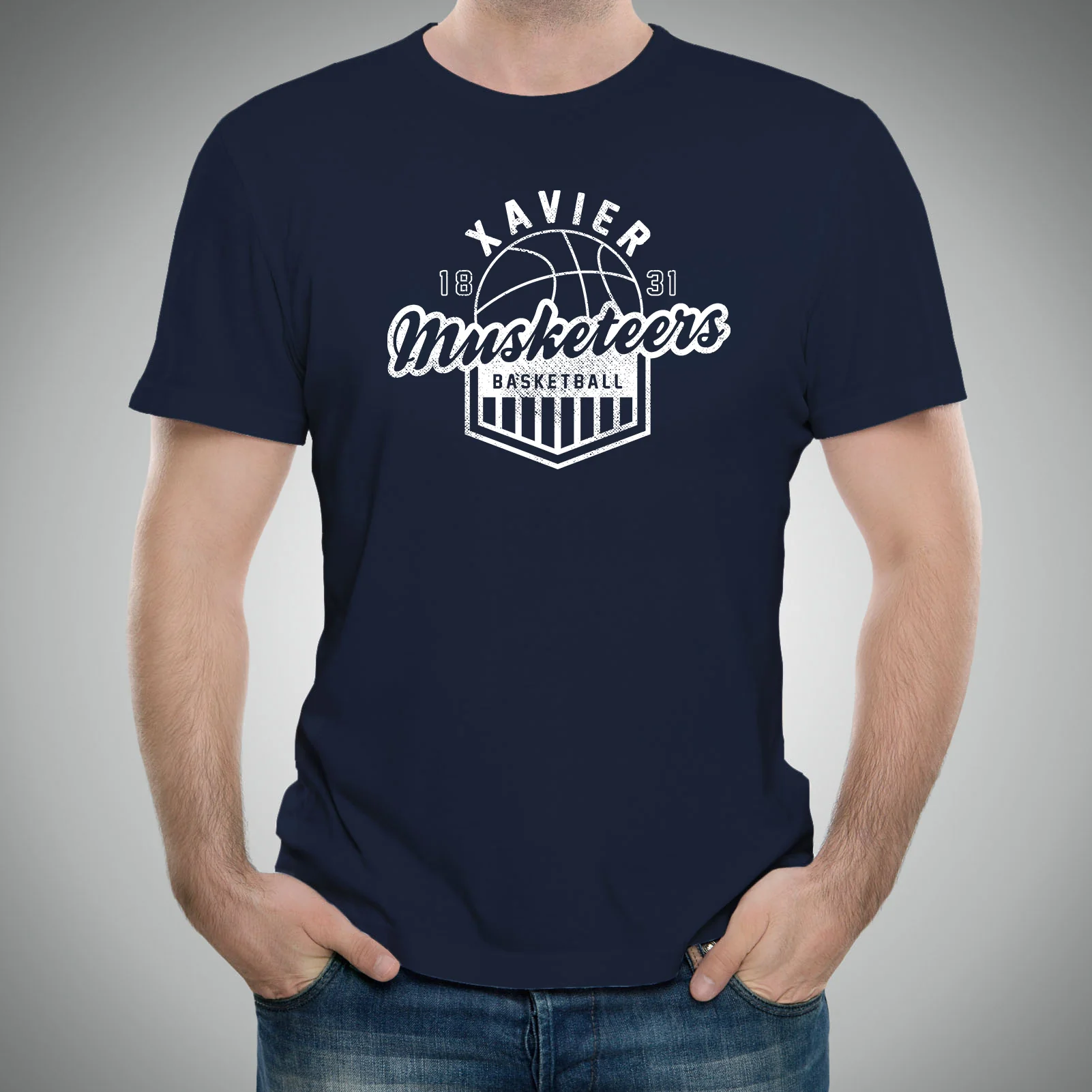 Xavier University Musketeers Vintage Basketball Shield Short Sleeve T Shirt - Navy - Image 3