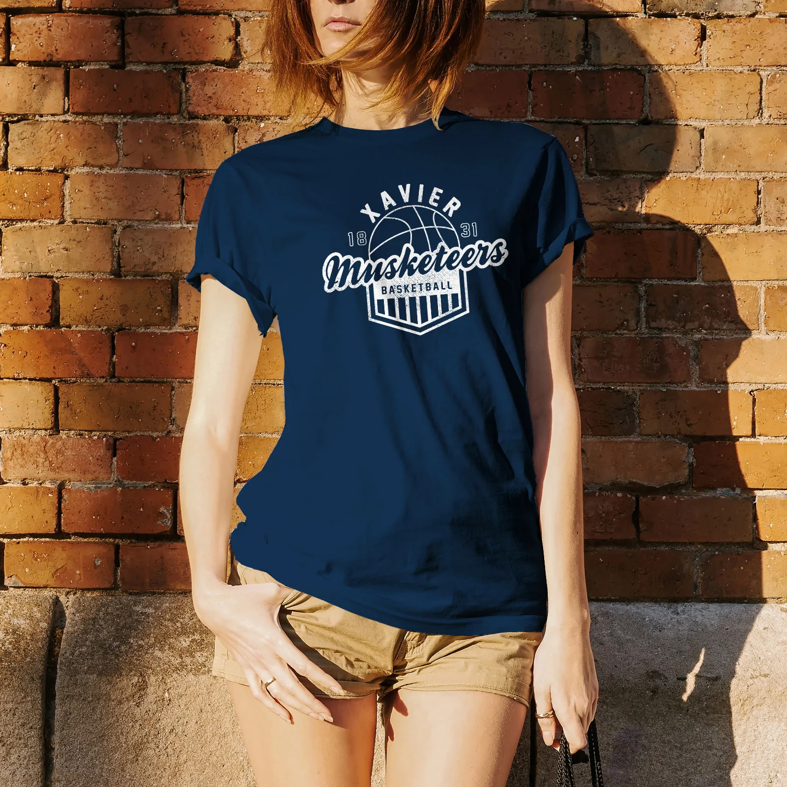 Xavier University Musketeers Vintage Basketball Shield Short Sleeve T Shirt - Navy - Image 4