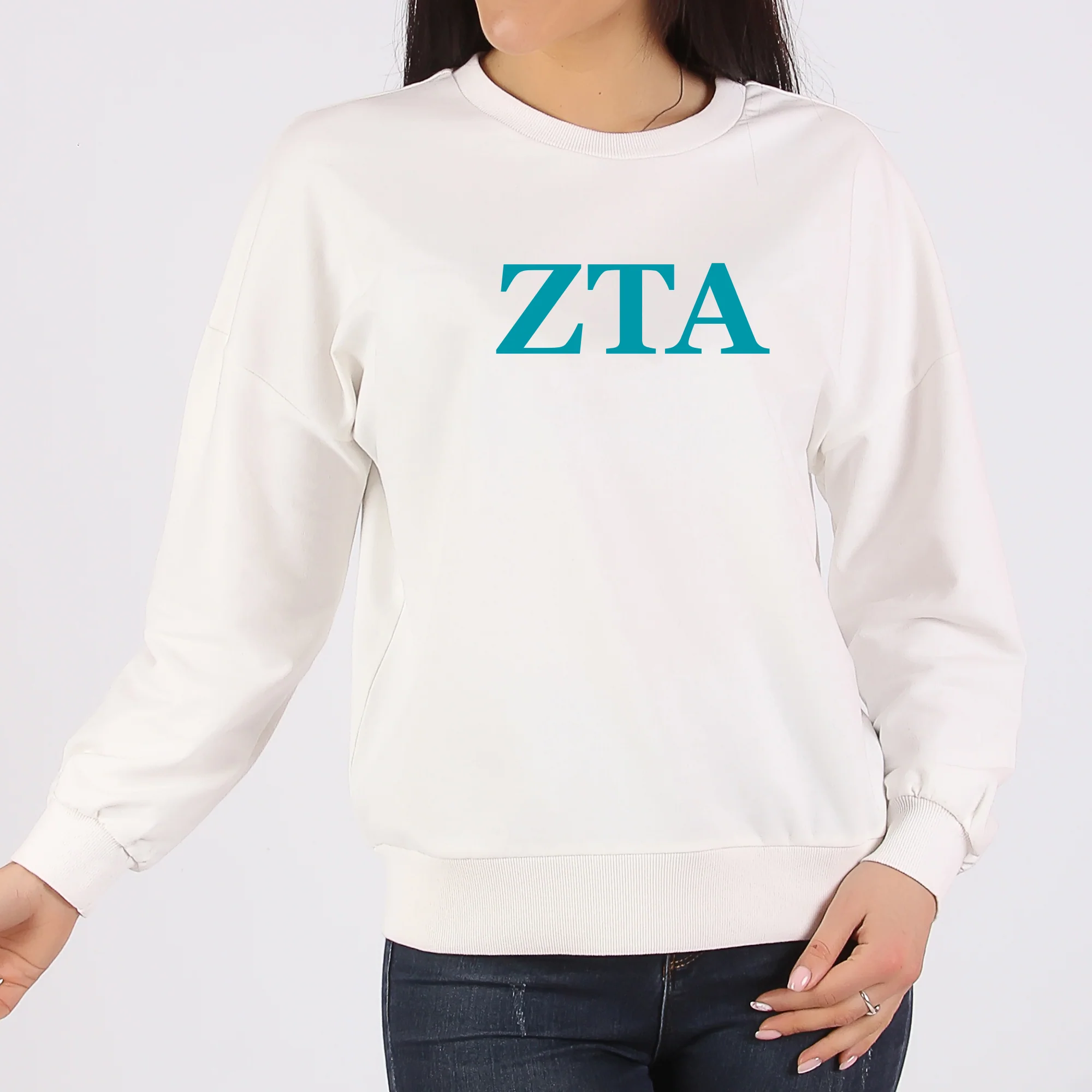 Zeta Tau Alpha Greek Letter Block Crewneck Sweatshirt - White - Image 3